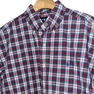 Ralph Lauren L Red White Green Plaid Button Down Cotton Blake Short Sleeve Shirt